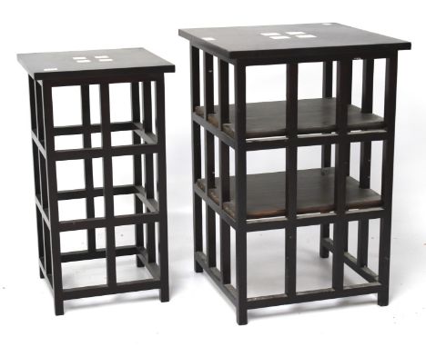 Two contemporary side tables. Of square form and geometric design, each with four mother of pearl inserts to the top, the lar