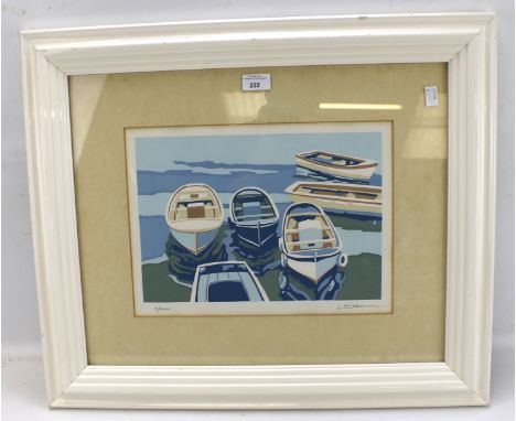 A contemporary signed limited edition print depicting moored boats. Indistinctly signed to bottom left L Michel, framed and g
