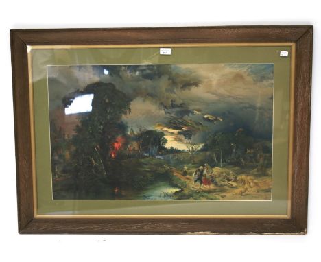 A large early 20th century print depicting a classical scene. With burning church amongst trees, marked 'Ritchie' to bottom r