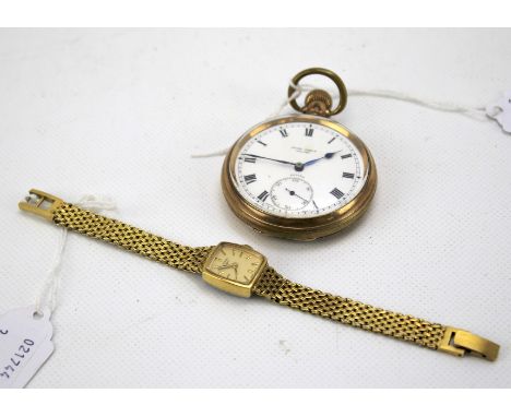 An open faced pocket watch and ladies Rotary wristwatch. The pocket watch with a white enamel dial with Roman numerals and si