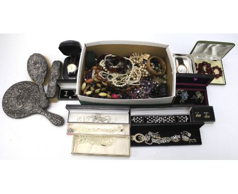 An assortment of costume jewellery and a silver dressing table set. To include silver earrings and pendant, faux pearl neckla