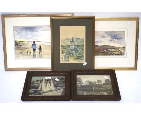 A collection of prints and paintings. Including a watercolour featuring two people on a beach signed 'SMLD', a watercolour by