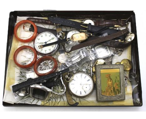 An assortment of collectables. Including military buttons, a silver pocket watch with an enamel dial signed 'J. N. Masters', 