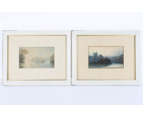 Two 19th century watercolour landscapes. The first with a castle before a lake, the second with a boat before a palace on an 
