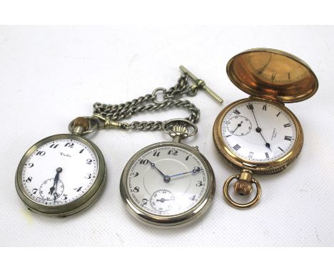 Three pocket watches. Comprising a gold plated full hunter example with a white enamel dial signed 'The Inwajeco' and two hal