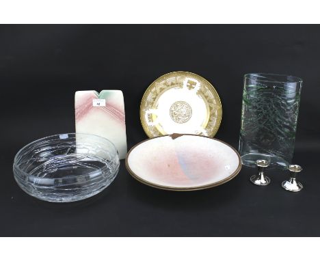 An assortment of glassware and ceramics. Including a studio glass vase and bowl, a signed Chinese studio vase, a Spode Westmi