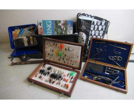 Wooden case of fly-fishing lures of various styles with a cased fly-maker's vice and assortment of fly-tying tools. Also with