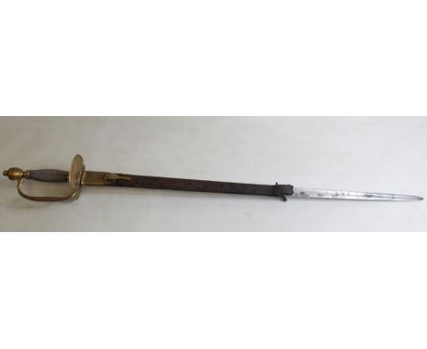 1796 pattern Infantry Officers Sword. Engraved blade, brass butterfly hand guard, knuckle guard, and pommel, wire grip. Damag