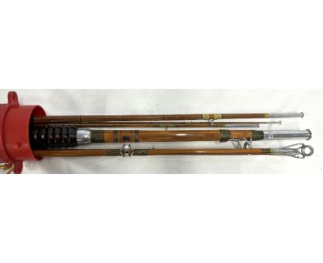 Two Sakura of Japan vintage split cane fishing rods, one a Salmon rod in four sections and one a fly rod in three sections. A