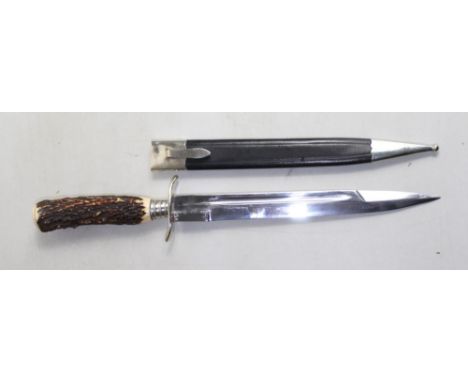 Early C20th German Hunting knife by F. Herder Abr. Sohn Solingen. 9'' single edge blade with a fuller and double edged point.