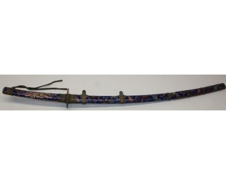 Early 20th century Japanese blue ground cloisonne Katana sword, 27" blade, bronze mounts and elaborate cloisonne tsuba, grip 