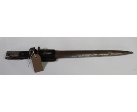 Yugoslavian M24 sword bayonet, complete with leather frog and scabbard. 'BT3' mark to ricasso. Serial no. 3426 to guard and 2