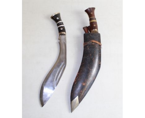 WWII period Kukri with wood and brass handle in traditional sheath with karda and chakmak. Horn handled kukri, lacking sheath