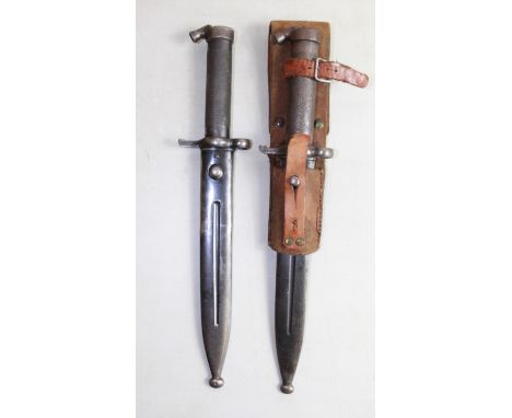 Two WWII Swedish M1896 Mouser knife Bayonet, with leather frog. Matching numbers on cross guard and scabbard. M1896  lacking 