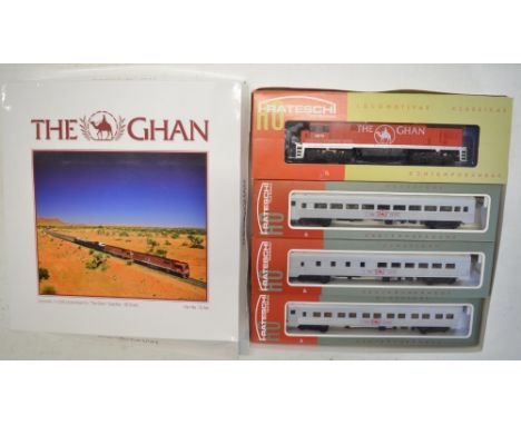 Boxed Frateschi HO gauge 'The Ghan' electric diesel locomotive model with 3 passenger coaches, models in overall excellent ex