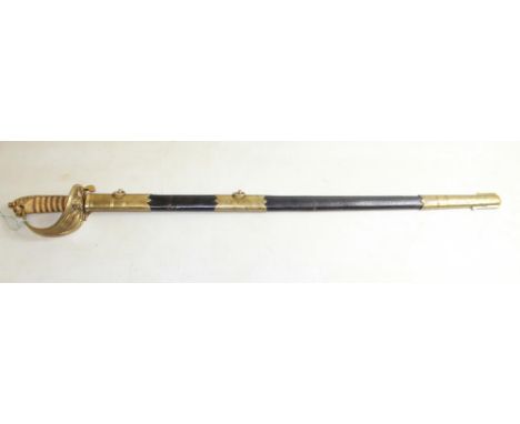 Navel Officers 1827 pattern dress Sword. Blade etched with Anchor, coats of arms, oak leaves, rope. Brass hand guard, Lion po