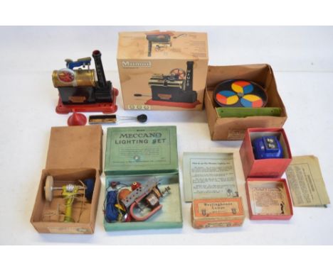 Mamod SP1 stationary steam engine, miniature Marklin belt driven grinding/polishing wheel and colourful geared play model, Me
