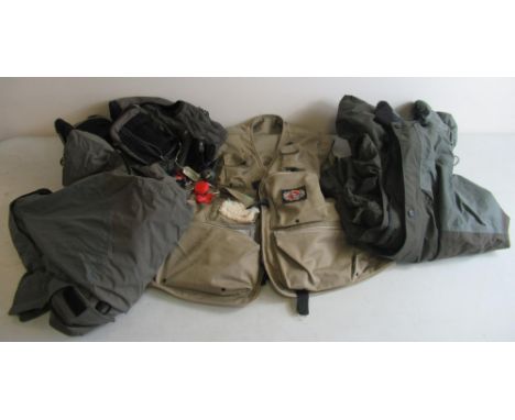 Shakespeare model 4442 inflatable angler vest, a Greys GRXI angler jacket, a Wychwood angler jacket, and a Greys GRX angler v