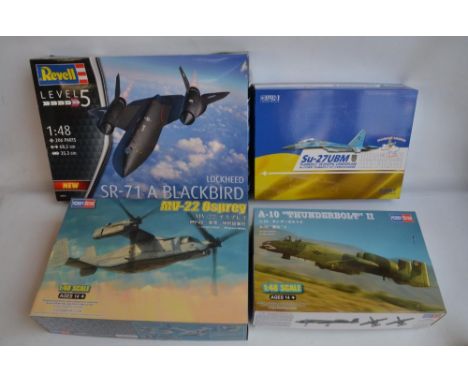 Four modern 1/48 model aircraft kits to include a Revell SR-71 Blackbird (with Red Fox Studios 3D printed instrument panels),