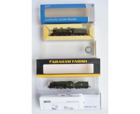 Two N gauge electric steam locomotive models to include a Dapol ND-079C BR green late crest Class B17 61647 'Helmingham Green