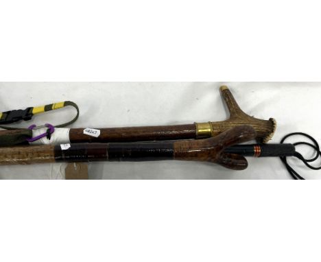 Antler-handled walking stick with brass mounts and rubber end, a hand-made thumb stick with cord-wrapped grip and metal end, 