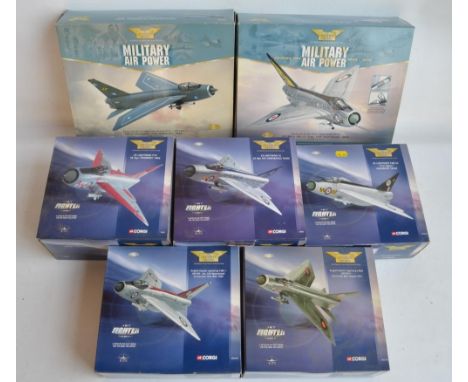 Seven 1/72 scale limited edition diecast English Electric Lightning models from Corgi, models in generally good but very dirt