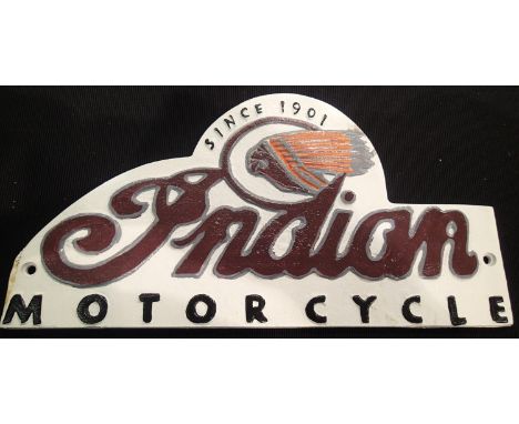 An Indian Motorcycle cast iron replica wall plaque, 30 x 15 cm. P&amp;P Group 2 (£18+VAT for the first lot and £3+VAT for sub