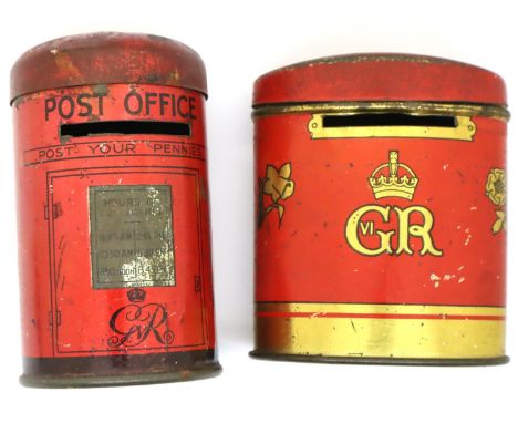 Two George V tin money boxes. P&amp;P Group 1 (£14+VAT for the first lot and £1+VAT for subsequent lots) 
