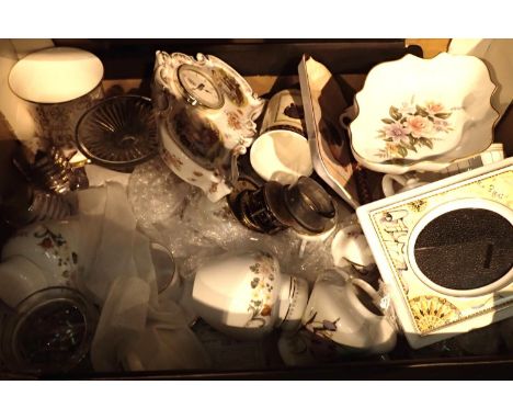 Box of mixed ceramics and glassware to include a ceramic photograph frame. Not available for in-house P&amp;P, contact Paul O