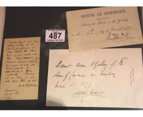 Three signed House Of Commons entry papers signed by W.E. Gladstone, son of the former prime minister 1881, Henry James 1877 