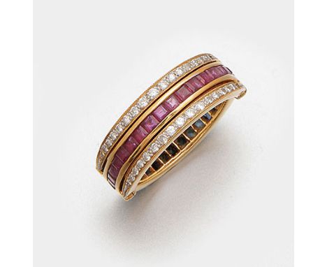 Gelbgold, 18 ct.; Linear besetzt mit Saphiren und Rubinen im Carréeschliff, beidseitig klappbare Brillantbänder. Gew. ca. 5,4