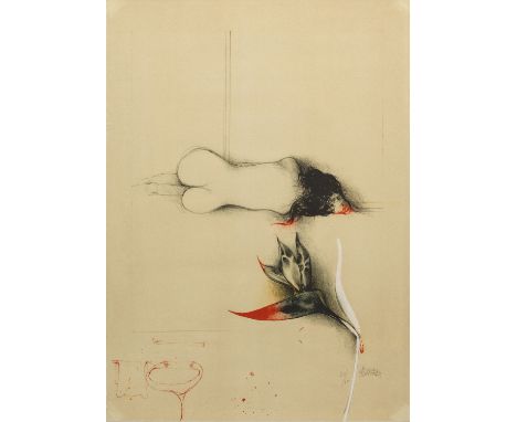(Geb. 1935 Gradara)Weiblicher Akt mit Strelizie Farblithographie/Papier. 1994. Sign. u. nummeriert 163/400. Blatt 75 cm x 55 