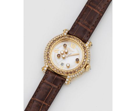 Weißgold, gest. 750. Rundes Uhrengehäuse sowie Lünette besetzt mit cognacfarbenen und weißen Brillanten von zus. ca. 4,29 ct.