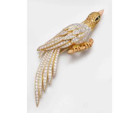 Gelbgold, gest. 750. Schauseitig besetzt mit Brillanten von zus. ca. 6,00 ct., goldgelben Citrinen, Engelshautkoralle und Sma