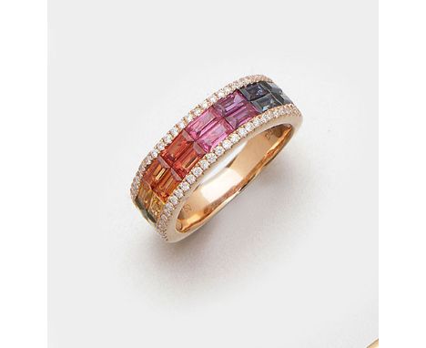 Roségold, gest. 750. Umlaufend besetzt mit unbehandelten Saphiren in den Farben Kornblumenblau, Himbeer, Pink, Orangerot, Gol