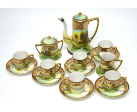 A Noritake six setting coffee service comprising coffee pot, twin-handled sugar basin, milk jug and six cups and saucers, eac