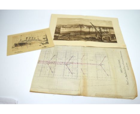 An original cloth plan of QSTS Aquitania 'Arrangement of Main Steam Pipes', approx 38 x 14cm, also two prints of Aquitania, t