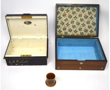 A Victorian rosewood and pewter strung writing box with mother of pearl inlay, a Mauchline ware desk tidy with view of Dougla