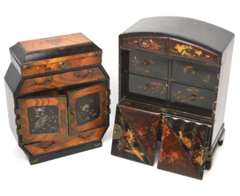 An ebonised, marquetry and mother of pearl inlaid jewellery cabinet, width 24cm and a later ebonised chinoiserie decorated je