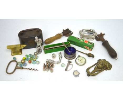 A collectors' lot comprising Ronson table lighter, marbles, thimbles, a base metal crown-wind open face pocket watch, a boxed