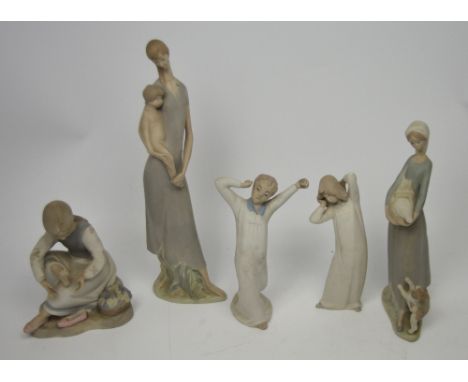 A Nao matte finish figure group, a girl carrying a goose with a dog at her feet (af) and four further Spanish matte finish fi