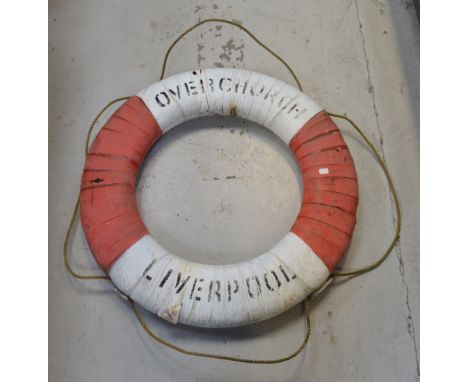 A vintage lifebelt from a Liverpool ferry, printed 'Overchurch Liverpool'.