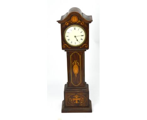 A rosewood and inlaid mantel clock, modelled as a longcase clock, the dial set with Roman numerals, height 49cm (af).