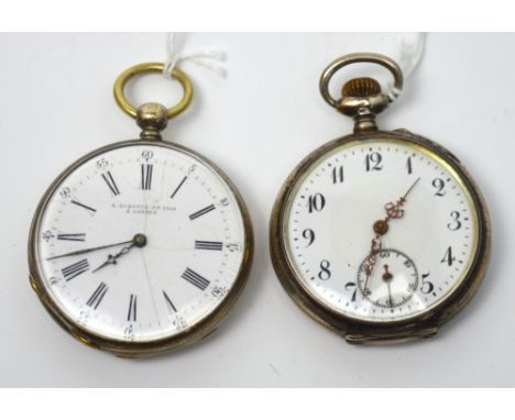 A Libotte et Fils; a Continental white metal cased open face pocket watch, enamel dial set with both Roman and Arabic numeral
