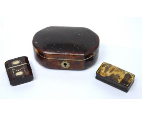 A 19th century tortoiseshell trinket box, a 19th century and silver inlaid box containing two small perfume bottles and a sta