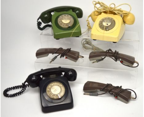 Three vintage telephones, one black example, one cream and one green and three vintage handsets (6).