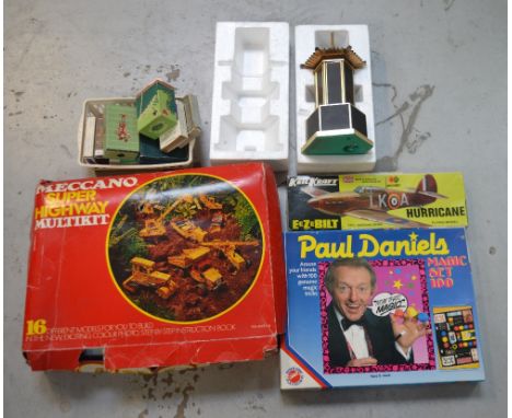 A boxed Meccano 'Super Highway' multi kit, a Keil Kraft Hurricane flying model for construction, a Paul Daniels 'Magic Set 10