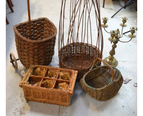 A mahogany stick-back bedroom chair on turned legs, wicker items to include a pull-along trolley, a six-section bottle carrie