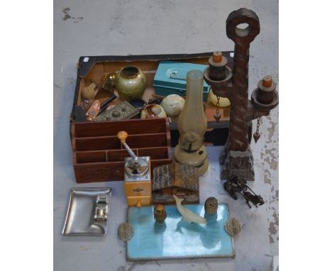 A collectors' lot comprising glass oil lamp, a vintage Kym coffee grinder, a Peacemaker toy gun, treen to include boxes, onyx