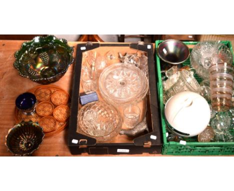 Three carnival pressed glass bowls to include a large amber and green example decorated with grapes and vine, two small non-m